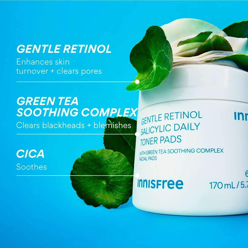 Innisfree - Daily Gentle Retinol + Salicylic Acid Toner Pads (60 Pads/170ml/5.74fl.oz.) - Imagen 4